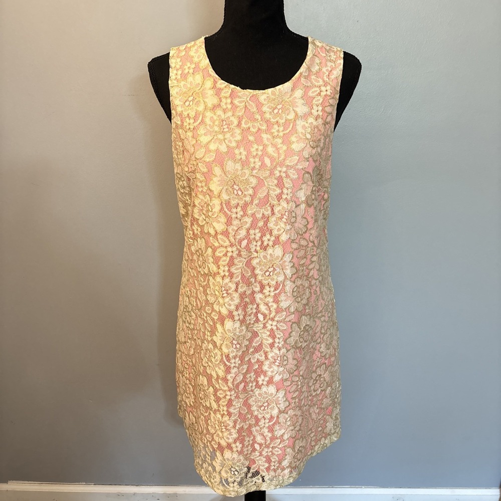 Julie Brown Pink Floral‎ Gold Metallic Lace Overlap Dress Size 4 Cocktail Party